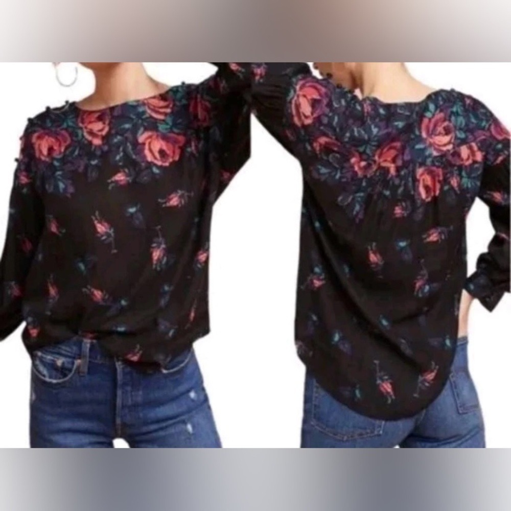 MAEVE by Anthropologie Dark‎ Floral Roses Linen Blend Puff Sleeve Blouse SZ L